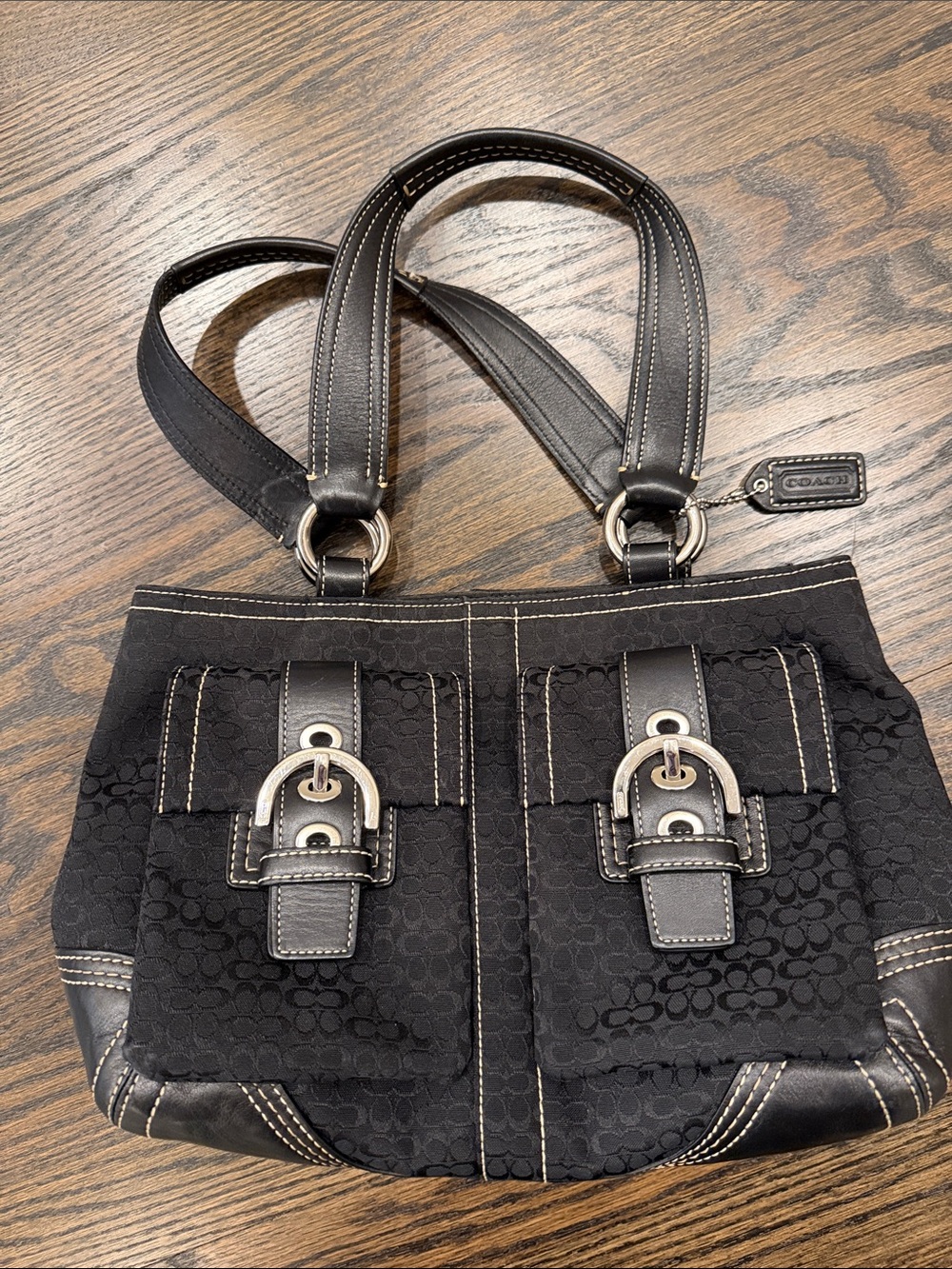 Coach Black Signature Canvas Shoulder Bag with Buckle Pockets